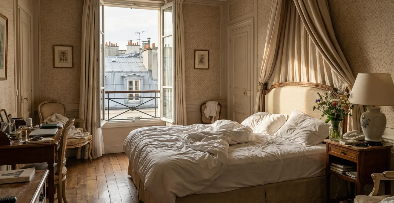 Chambre d'hôtel de charme parisien avec vue sur les toits typiques