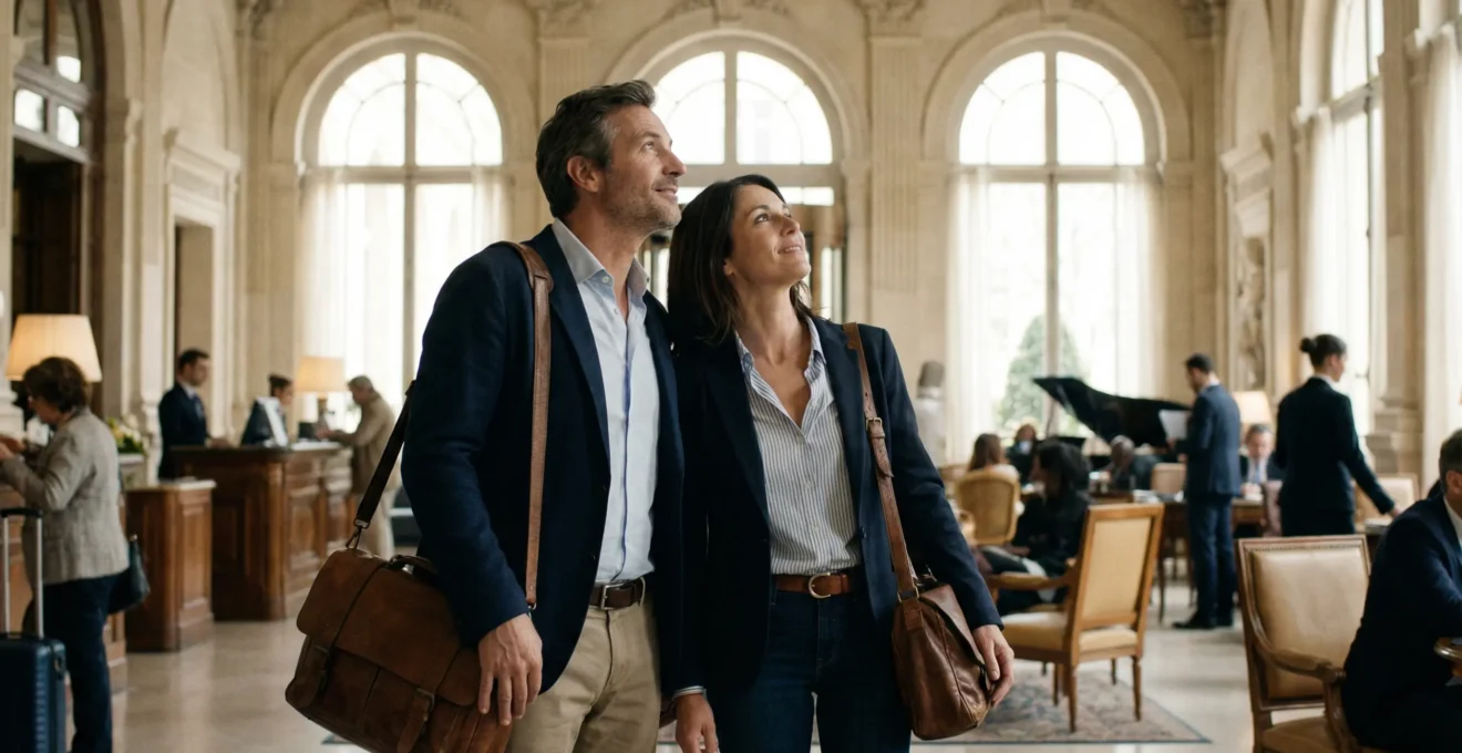 Couple découvrant le hall d'un hôtel 4 étoiles parisien élégant