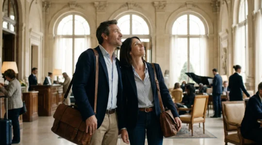 Couple découvrant le hall d'un hôtel 4 étoiles parisien élégant