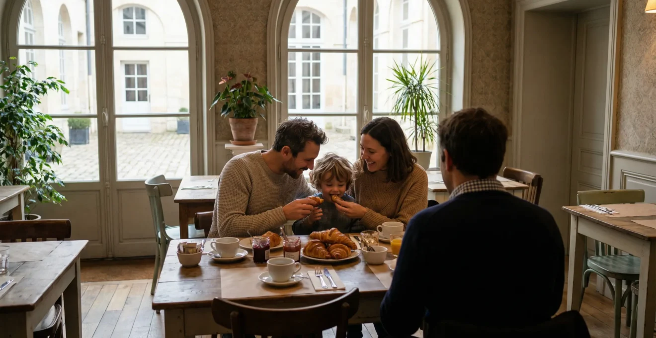 Famille partageant le petit-déjeuner dans un restaurant d'hôtel parisien