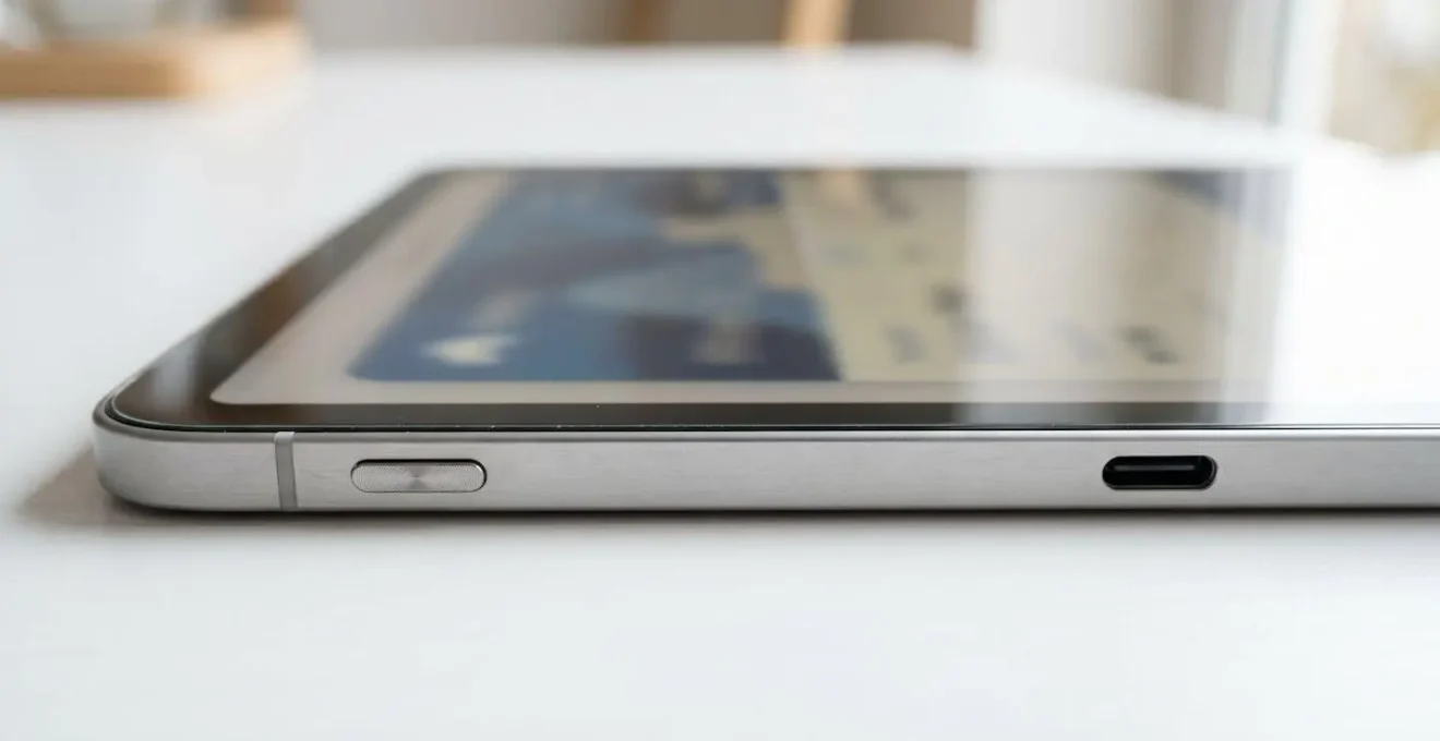 Gros plan sur un écran de tablette moderne affichant un billet de ferry électronique avec des champs floutés, tenu par une main sur une table claire