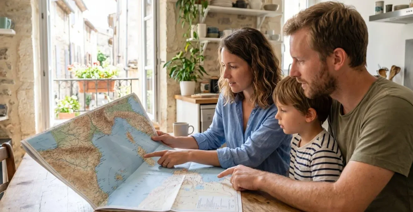 Plan moyen d'une famille de trois personnes vue de profil consultant ensemble une carte de la Méditerranée dans un cadre lumineux et décontracté