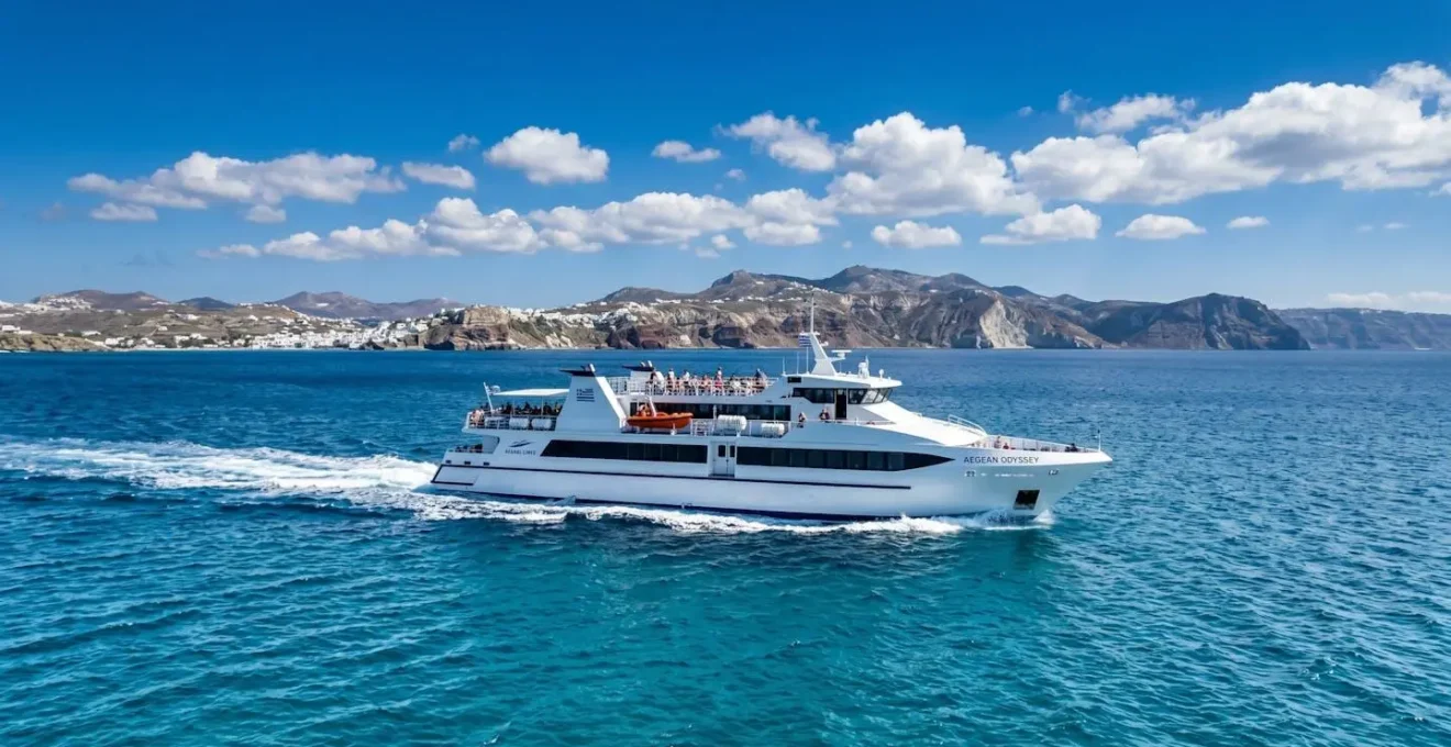 Un ferry moderne navigue en pleine mer Méditerranée sous un ciel bleu éclatant, coque blanche contrastant avec les eaux turquoise