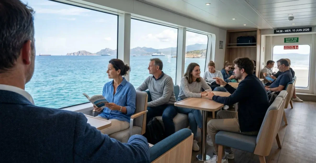 Des passagers sont assis confortablement dans un salon panoramique de ferry moderne, grandes baies vitrées offrant une vue sur la Méditerranée, lumière naturelle abondante