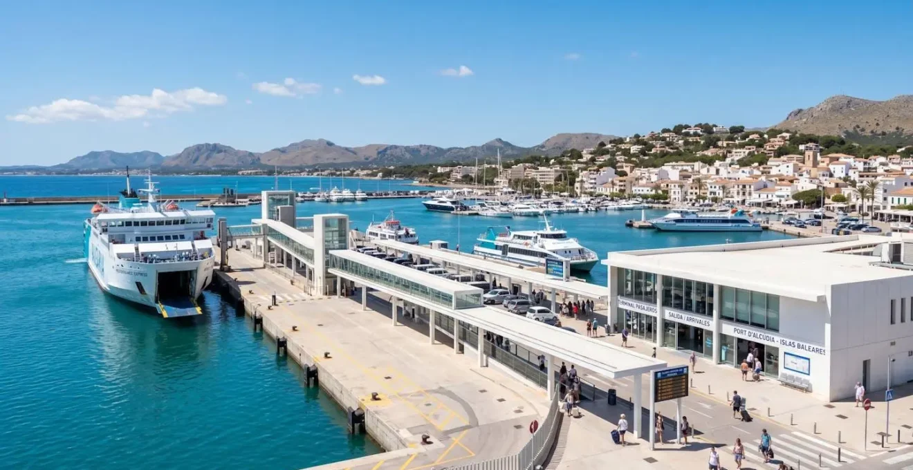 Vue d'ensemble d'un port méditerranéen aux Baléares, infrastructures portuaires contemporaines, eaux turquoise, architecture blanche typique en arrière-plan