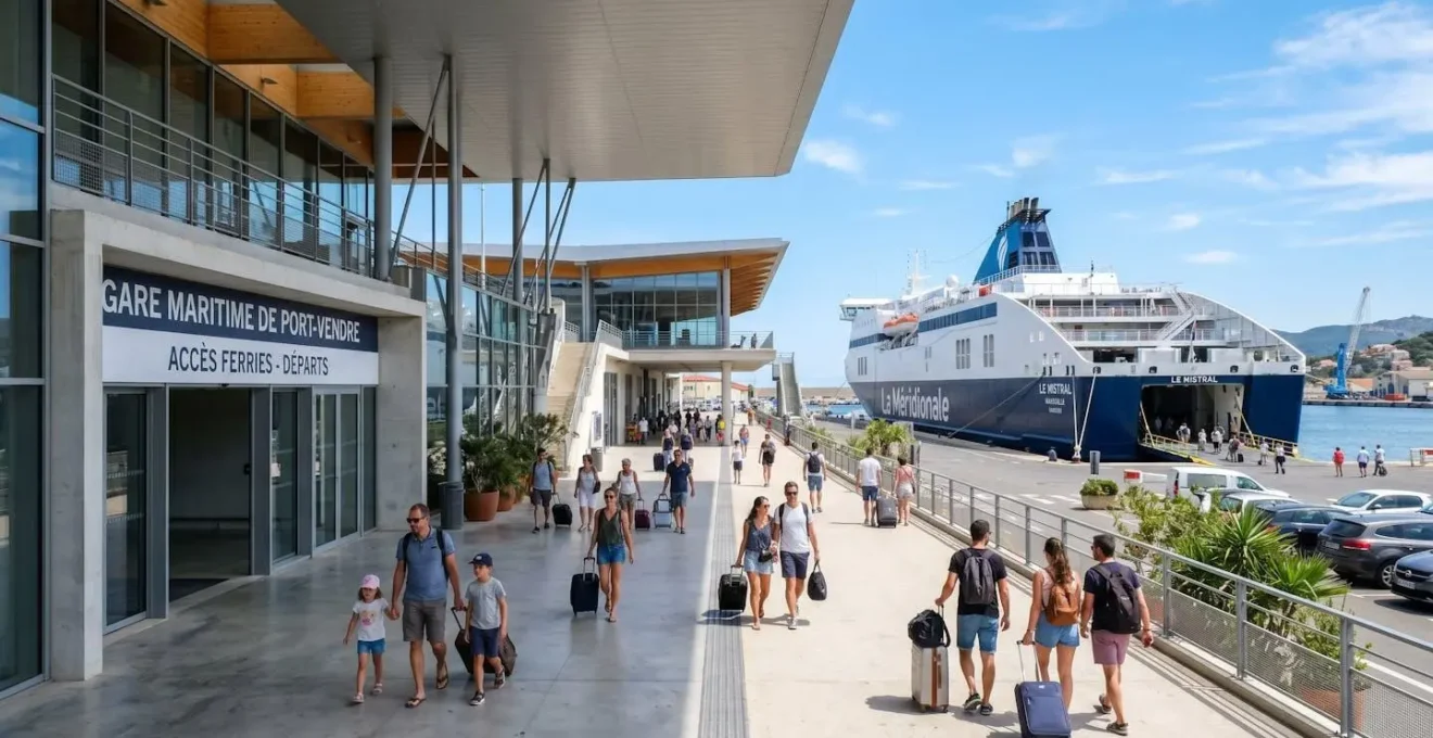 Vue large d'un terminal de ferry méditerranéen moderne avec passagers en mouvement et navire amarré au quai sous un ciel lumineux